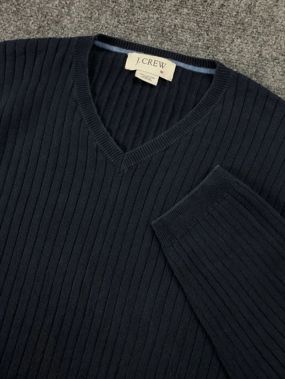 Vintage 90s J Crew Ribbed V Neck Sweater Medium Navy Pullover Ribbed Knit Preppy